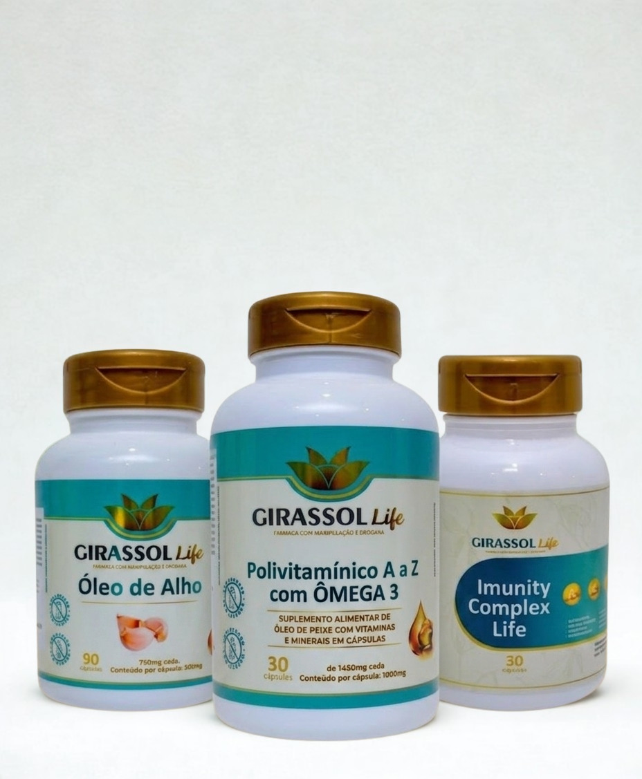Combo Imunity Complex Life + Óleo de Alho + Polivitamínico A a Z com Ômega 3 Girassol Life | Imunidade e Vitalidade Combo Imunity Complex Life + Óleo de Alho + Polivitamínico A a Z com Ômega 3 Girassol Life | Imunidade e Vitalidade